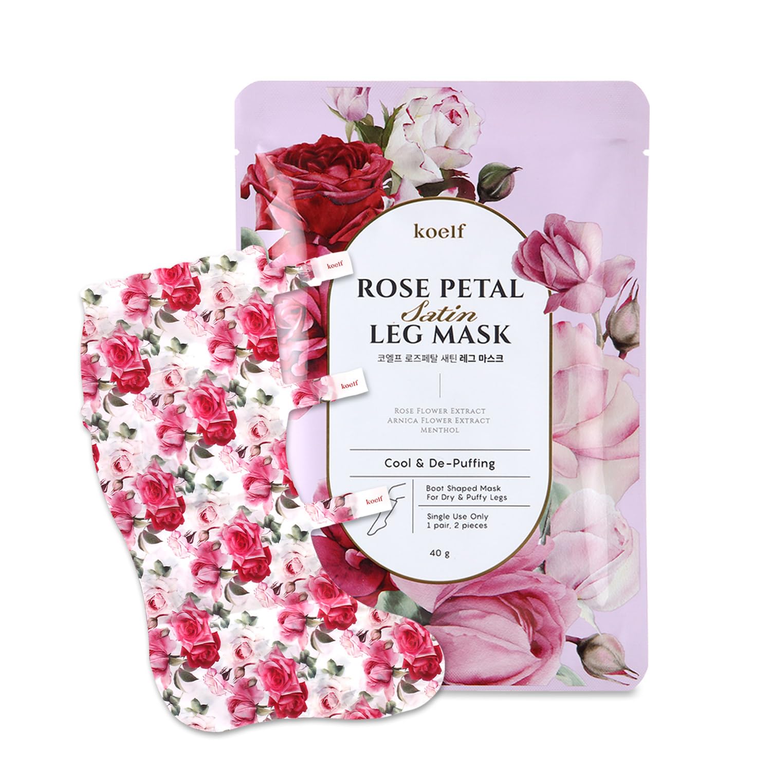 Petitfee Koelf Rose Petal Satin Leg Mask empaque elegante para cuidado de piernas.