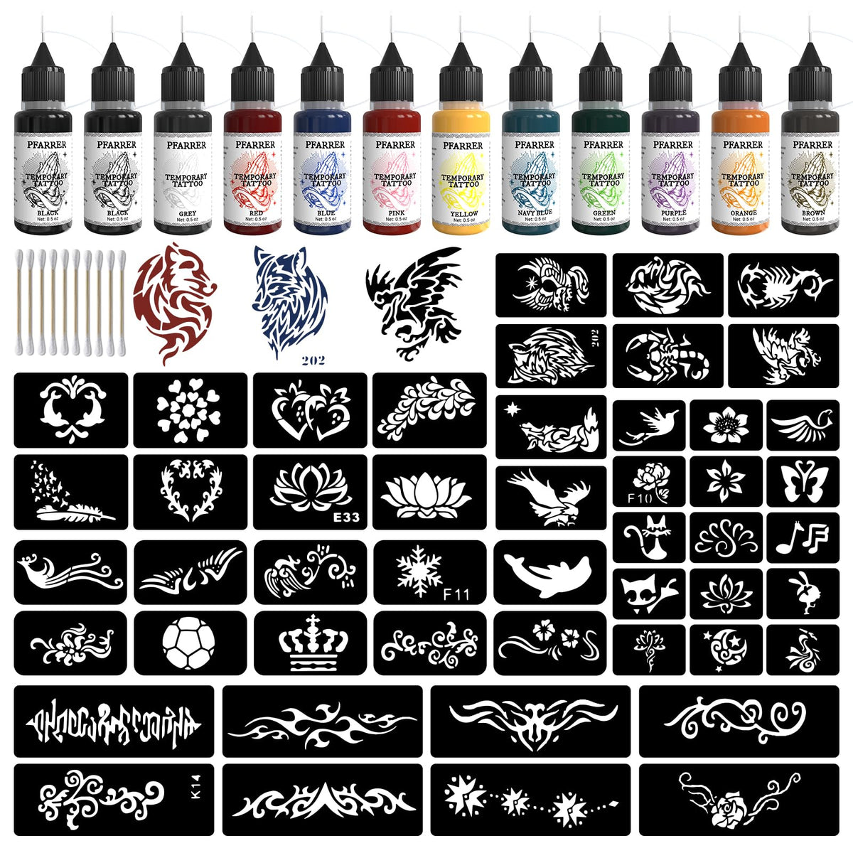 PFARRER tatuajes temporales: 12 botes de tinta color para diseños vibrantes.
