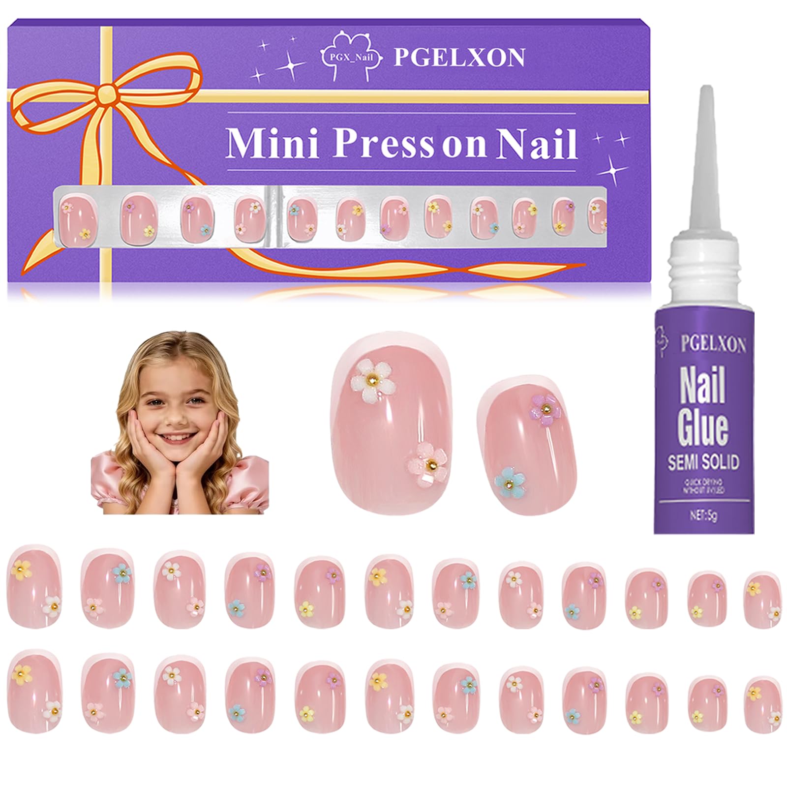 PGELXON uñas postizas para niñas Frances con flores 3D y acabado suave
