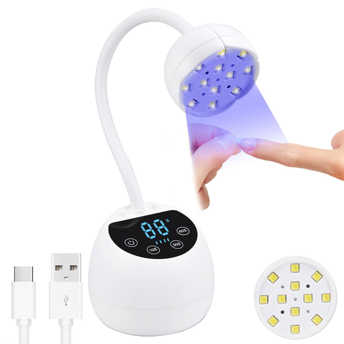 Phain Mini UV-LED con pantalla LCD para ajustar temporizadores y uñas en casa.
