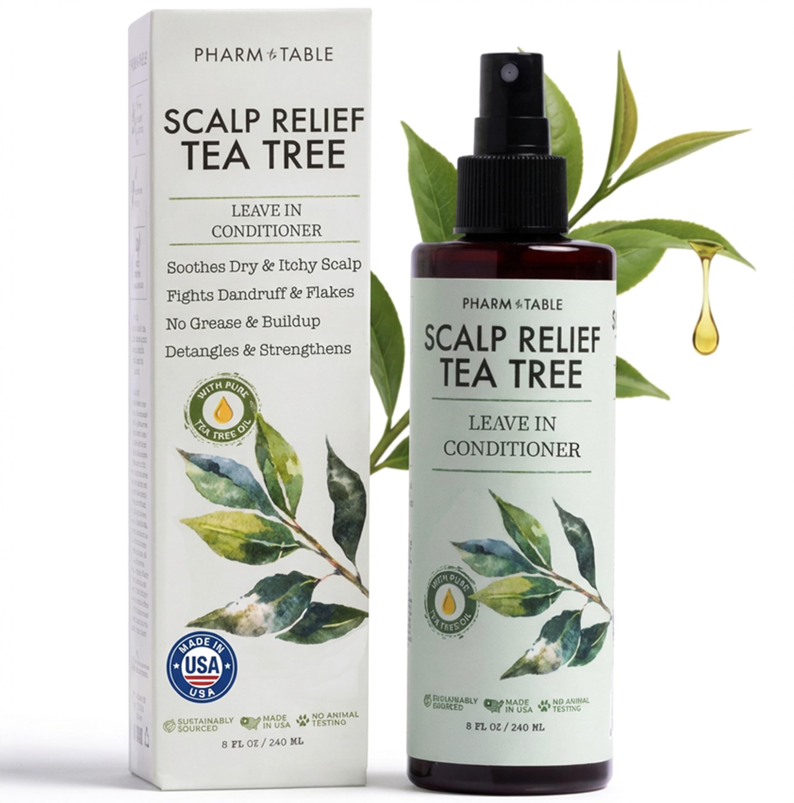 PHARM TO TABLE acondicionador sin enjuague con árbol de té, botella para hidratar el cuero cabelludo.