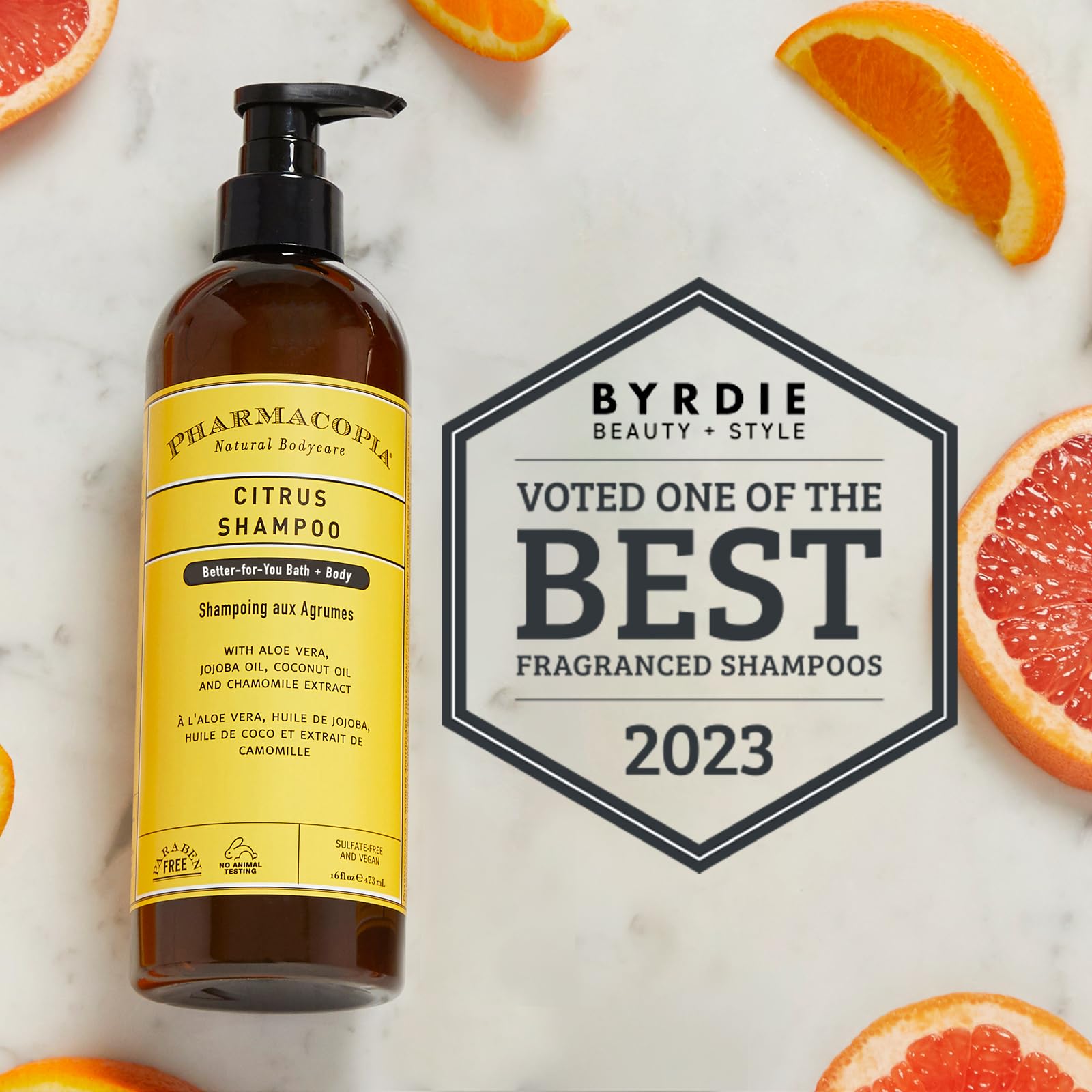 Pharmacopia Citrus Shampoo : ingredients naturels visibles, aloe vera et jojoba