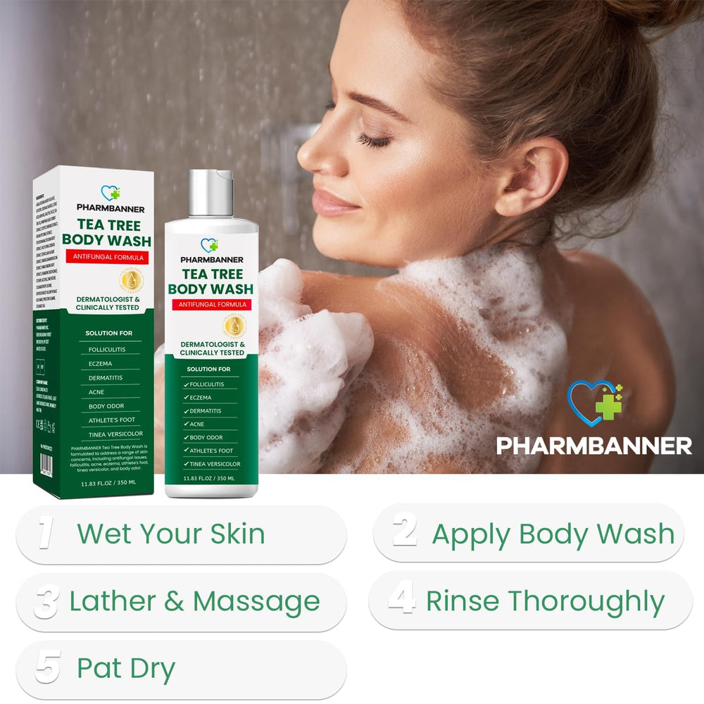 PHARMBANNER gel de ducha árbol de té: aplicación suave en manos.