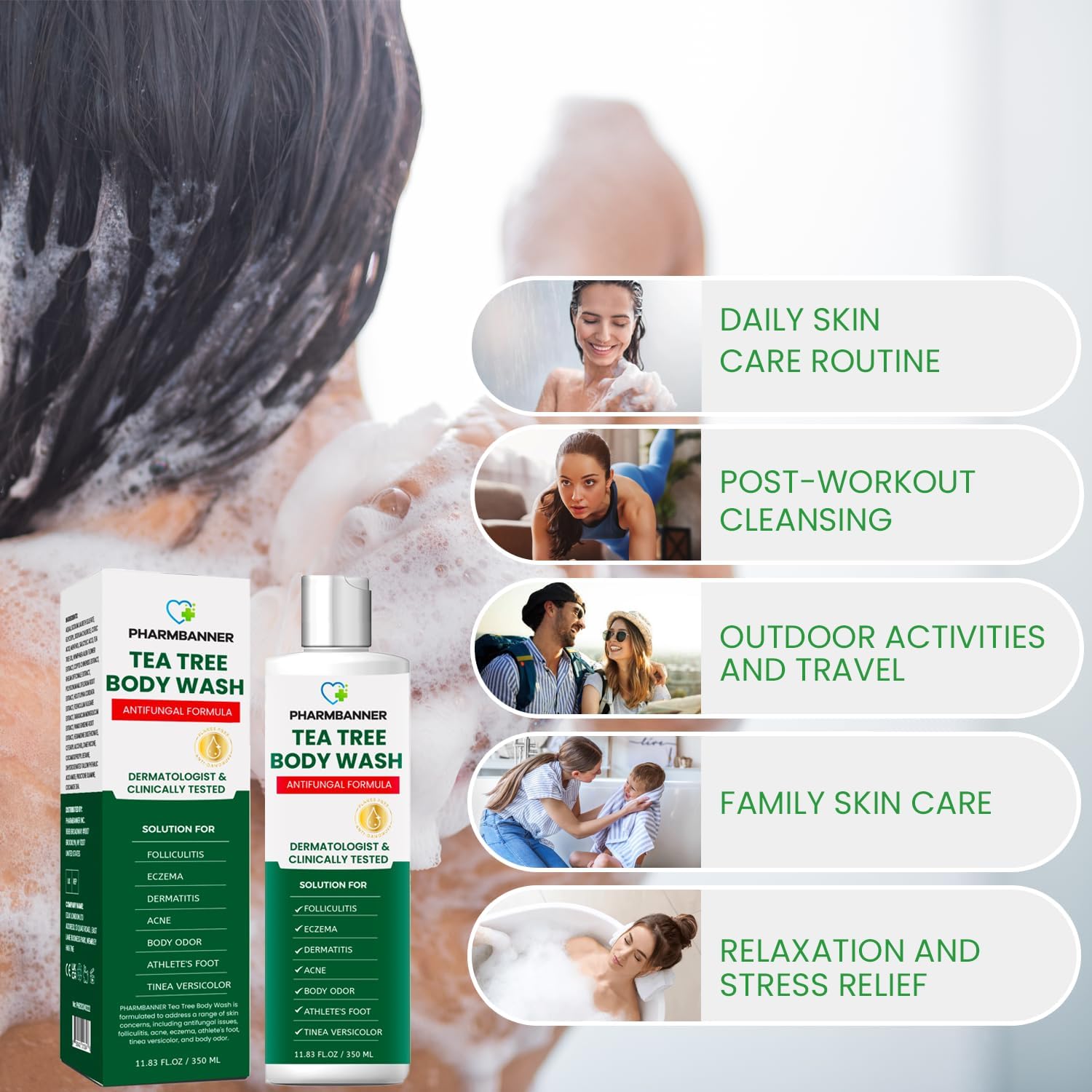 PHARMBANNER gel de ducha árbol de té: espuma suave para uso diario.