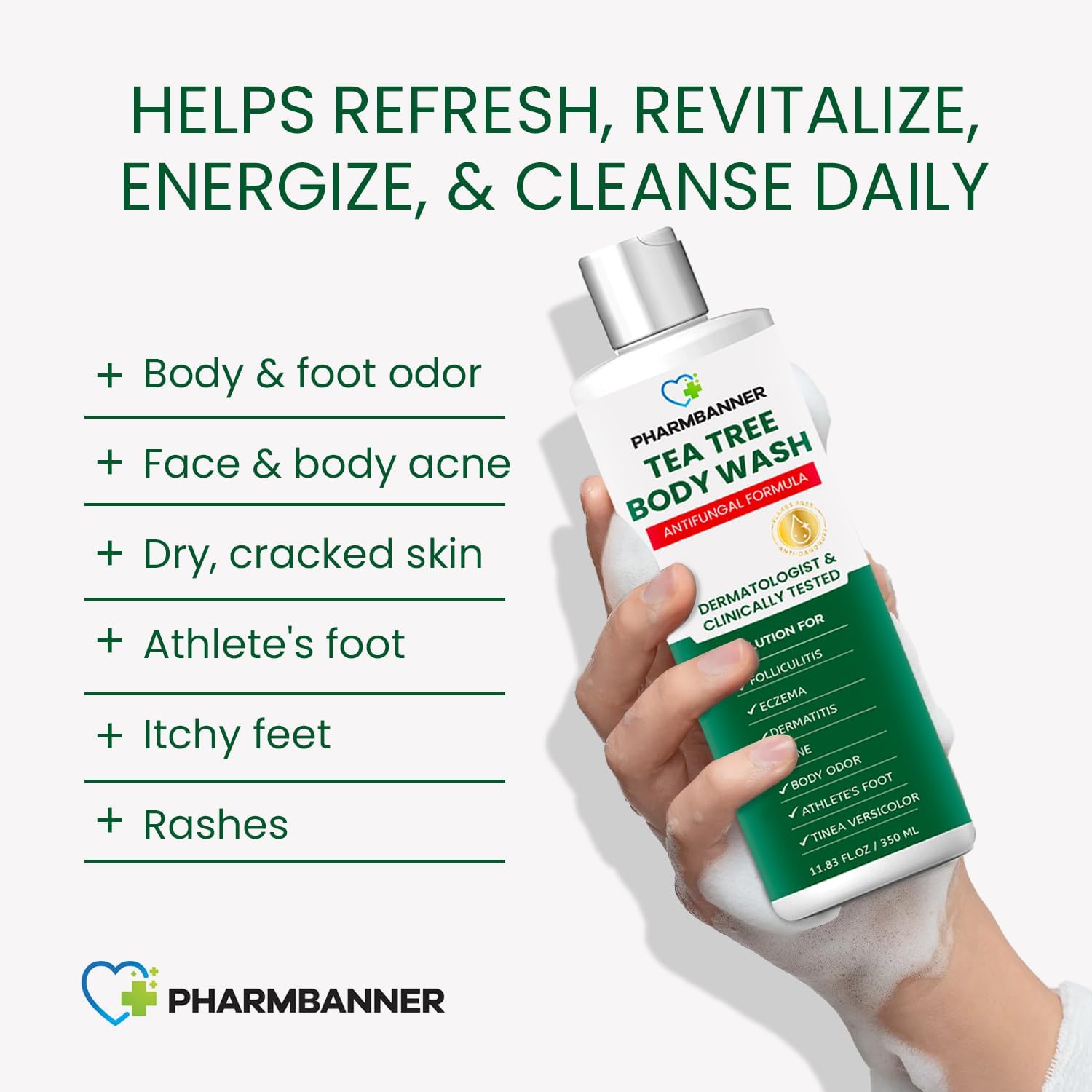 PHARMBANNER gel de ducha árbol de té: etiqueta frontal con ingredientes naturales.