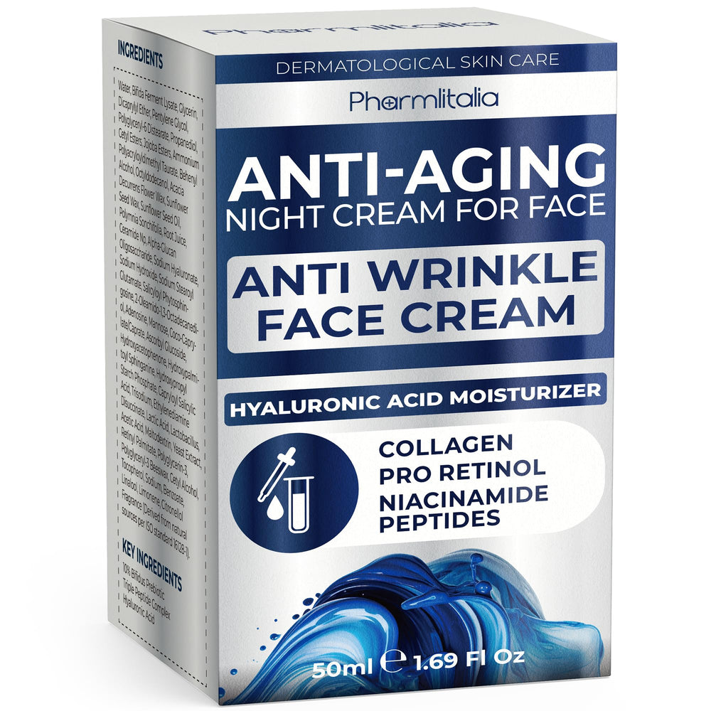 Pharmlitalia crema de levantamiento facial en bote, hidratación nocturna para piel cansada.