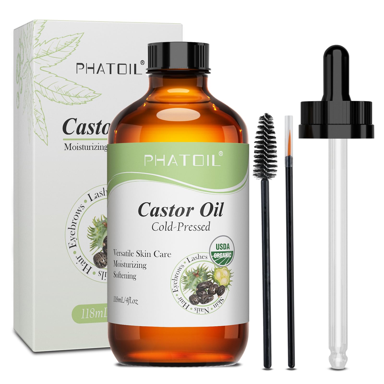 PHATOIL aceite de ricino orgánico en botella de vidrio para uso diario de piel y cabello