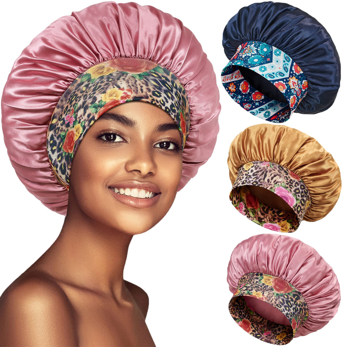PHILIGHTS bonete de satén para dormir con banda ancha, ideal para cabello rizado