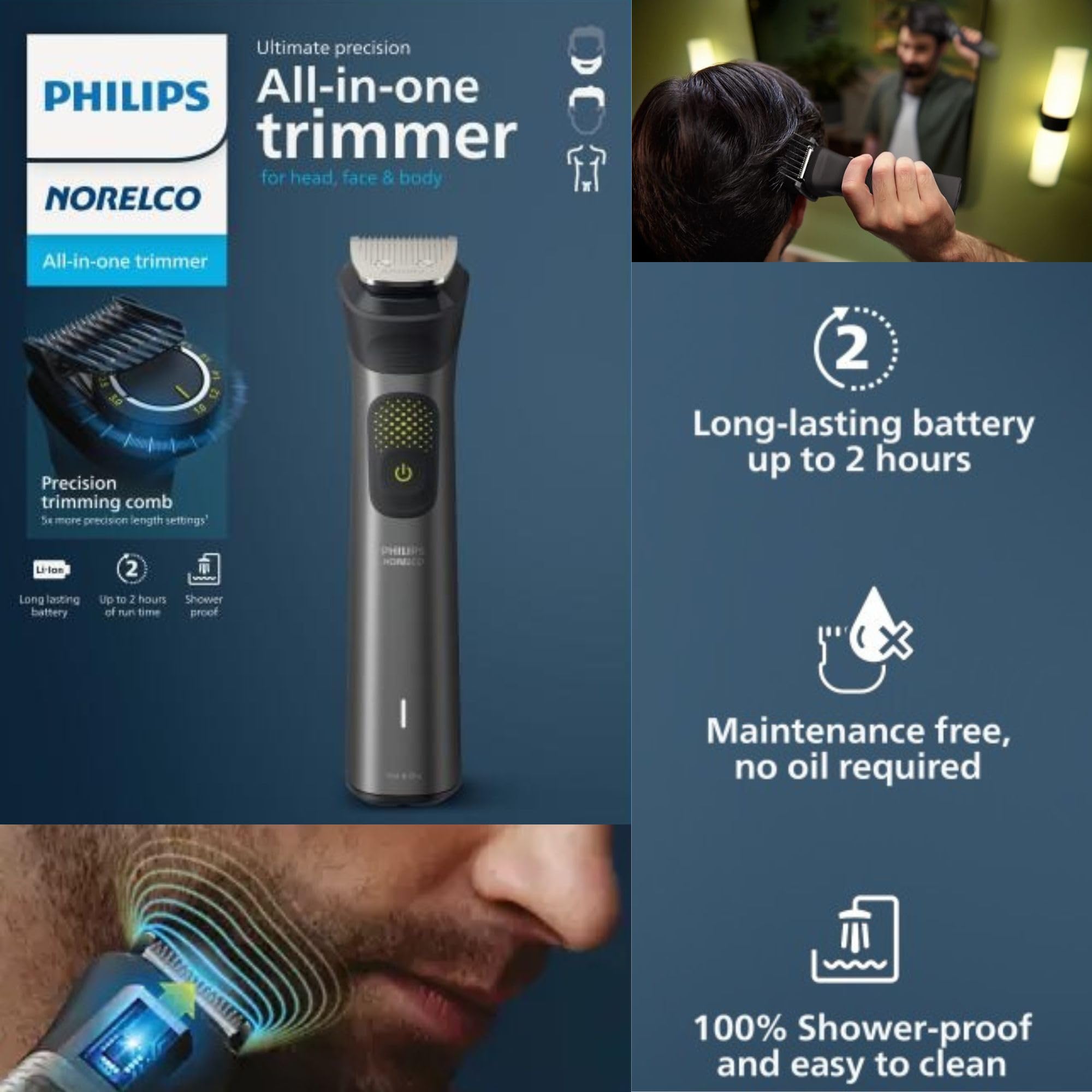 Philips Multigroom Series 9000: diseño impermeable para uso mojado o seco.