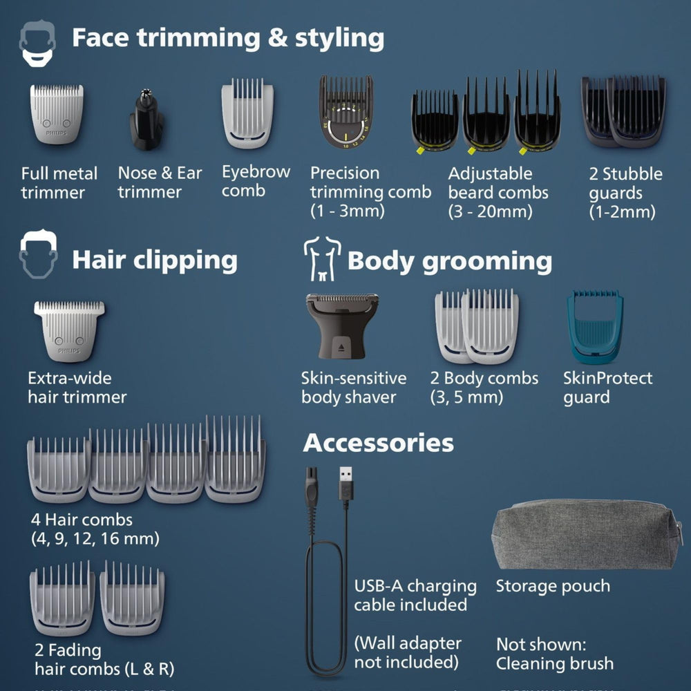 Philips Multigroom Series 9000: peines ajustables para cabello y barba.