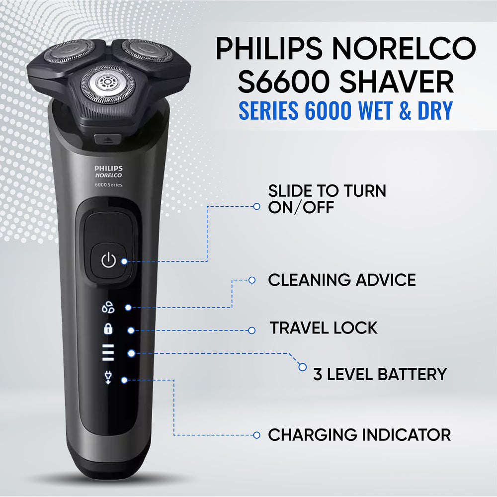 Pantalla LED y agarre antideslizante de la Philips Norelco 6600 para uso cómodo.