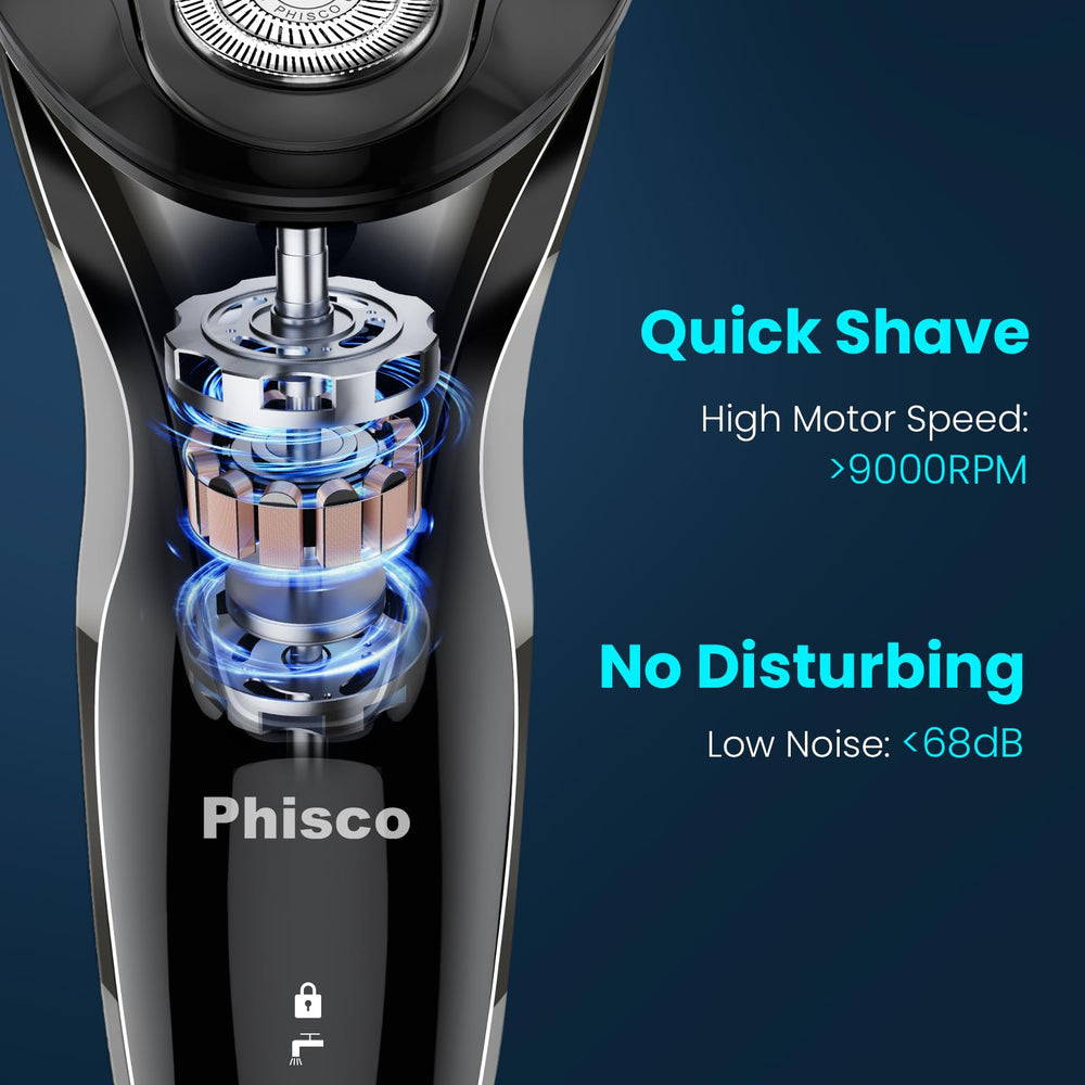 Phisco Pantalla LED que indica energía restante y estado de limpieza.