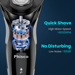 Phisco Pantalla LED que indica energía restante y estado de limpieza.