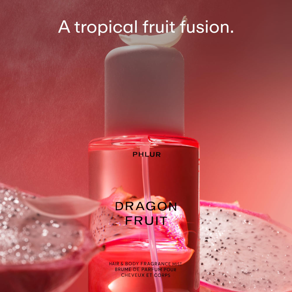 PHLUR Dragon Fruit Body Mist spray on skin, delivering a fresh, tropical fragrance.