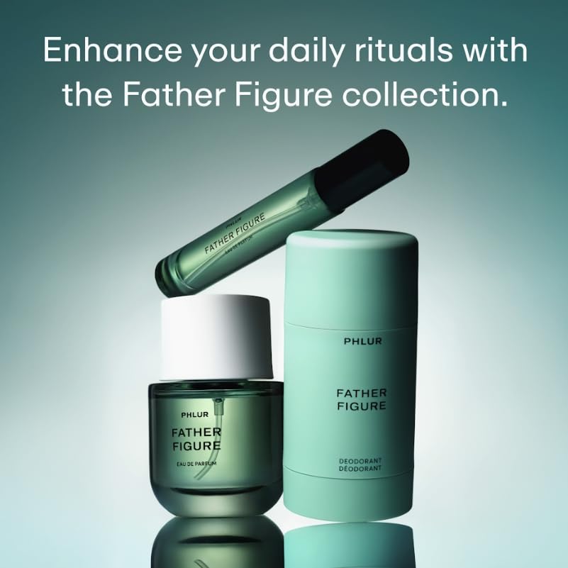 PHLUR Father Figure base pachuli, sándalo y vainilla para calidez duradera.