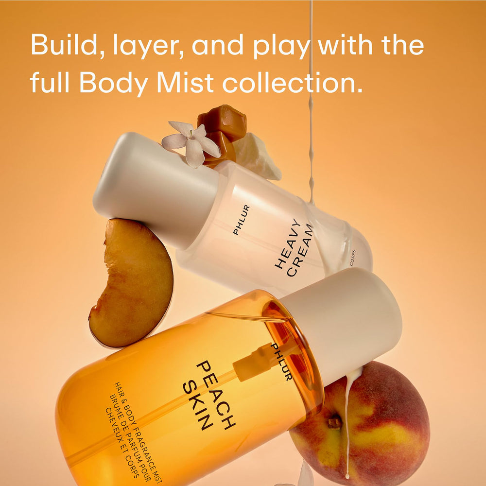Envase limpio y minimalista de PHLUR Peach Skin Body Mist para piel y cabello.