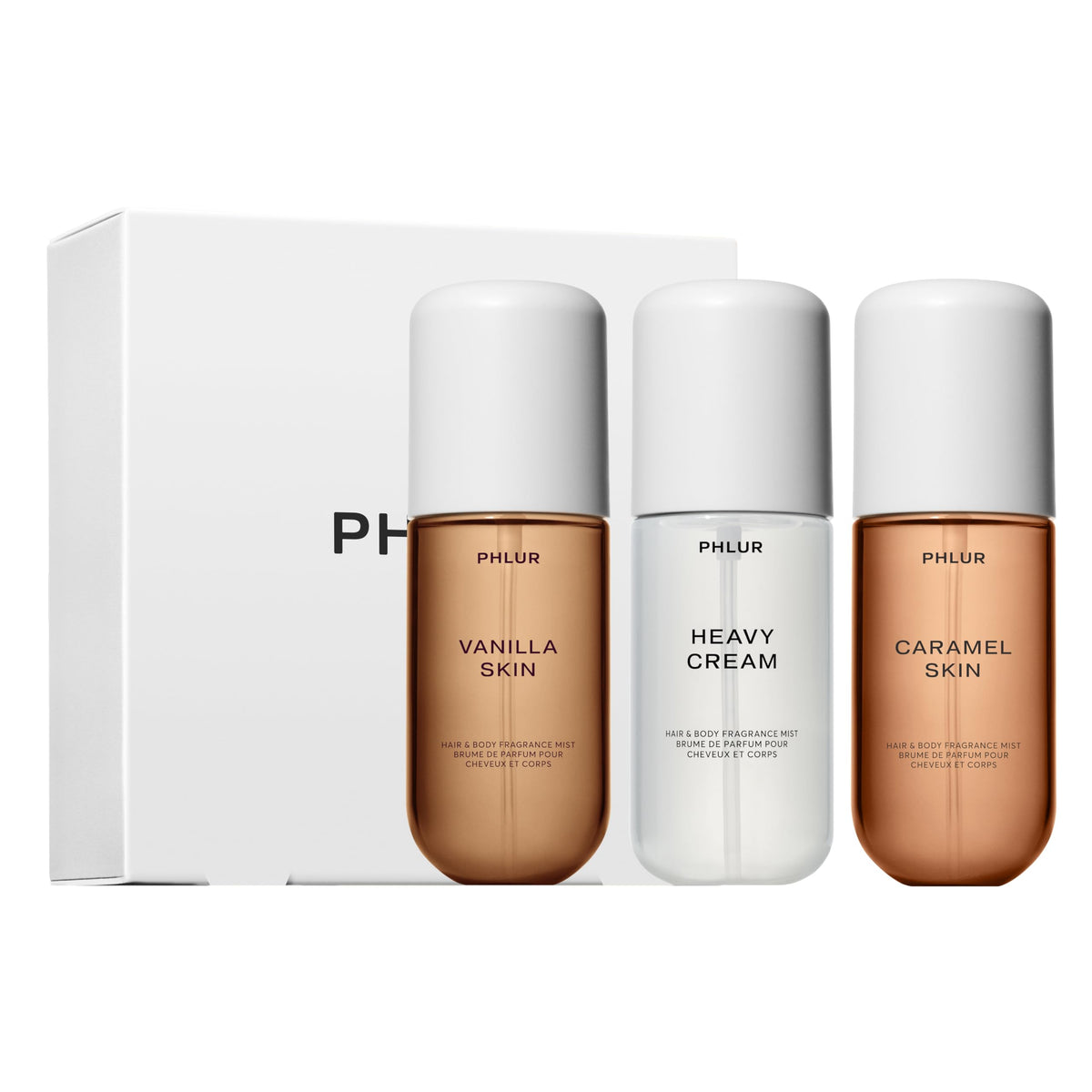 PHLUR trío dulces piel, regalo ideal para amantes de fragancias suaves.