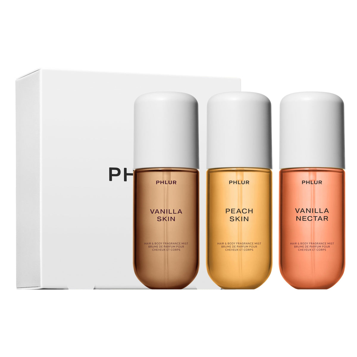 PHLUR trío vainilla durazno: conjunto de muestras ideal para viajar ligero.