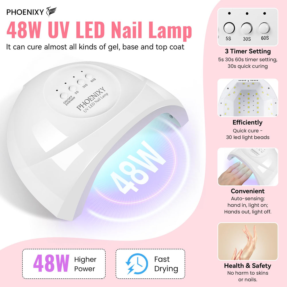 Phoenixy-lampara-uv-led-48w, curado rápido y seguro para gel.
