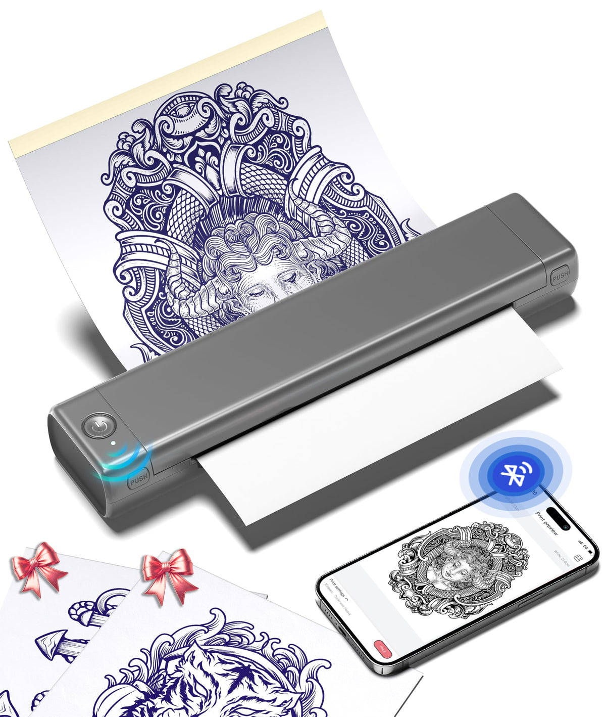 Phomemo M08F imprime plantillas de tatuaje portátiles para sesiones rápidas.