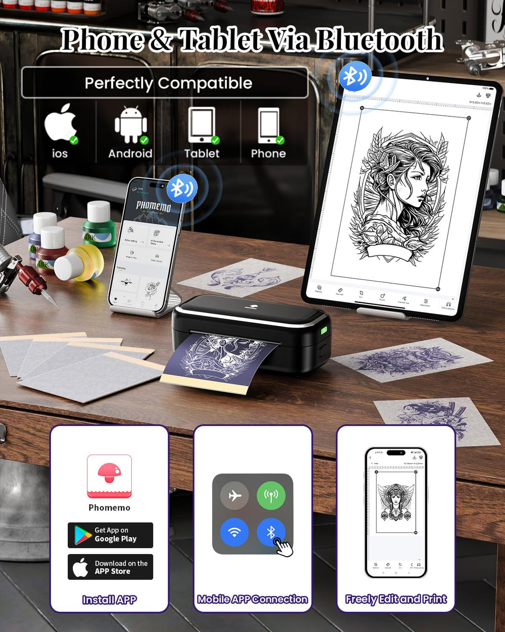 Phomemo App con IA ayuda en el diseño y previsualización.