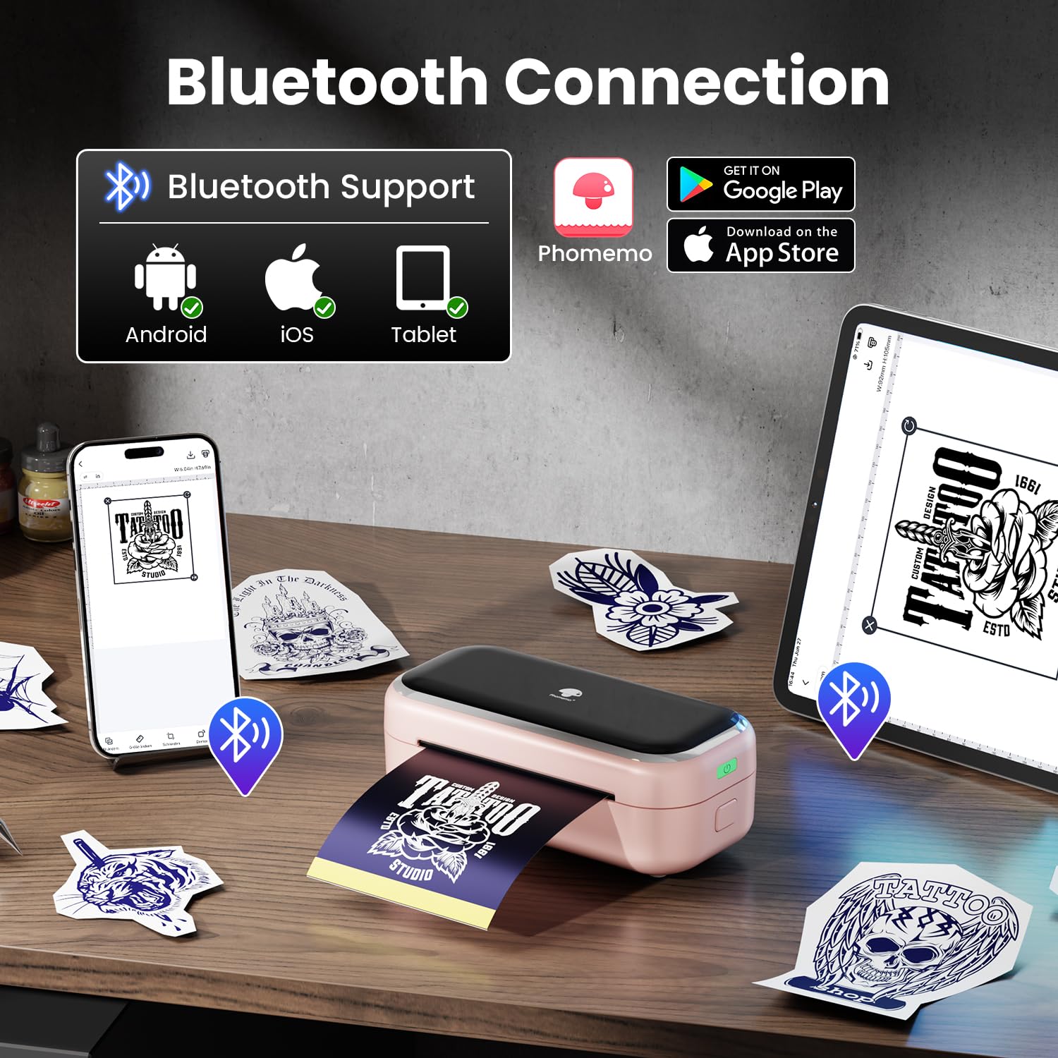 Phomemo TP31 se conecta por Bluetooth a Android e iOS.