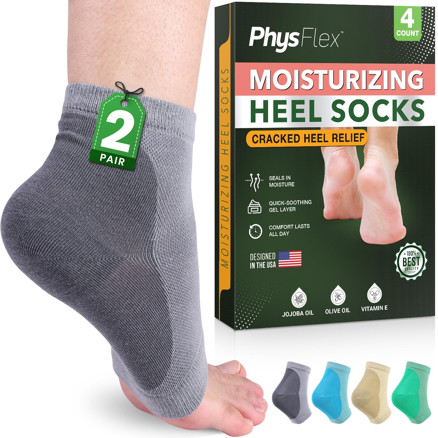 Calcetines hidratantes PhysFlex para talones suaves durante la noche.