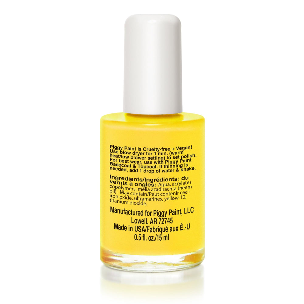 Piggy Paint Bae-Bee Bliss, color amarillo en primer plano, ideal para looks alegres sin olor notable.
