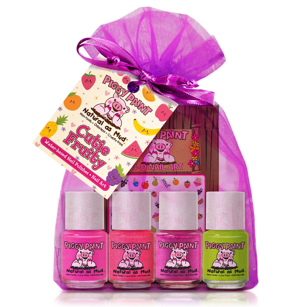 Piggy Paint Cutie Fruity: cuatro lacas coloridas para uñas infantiles, sin olor.
