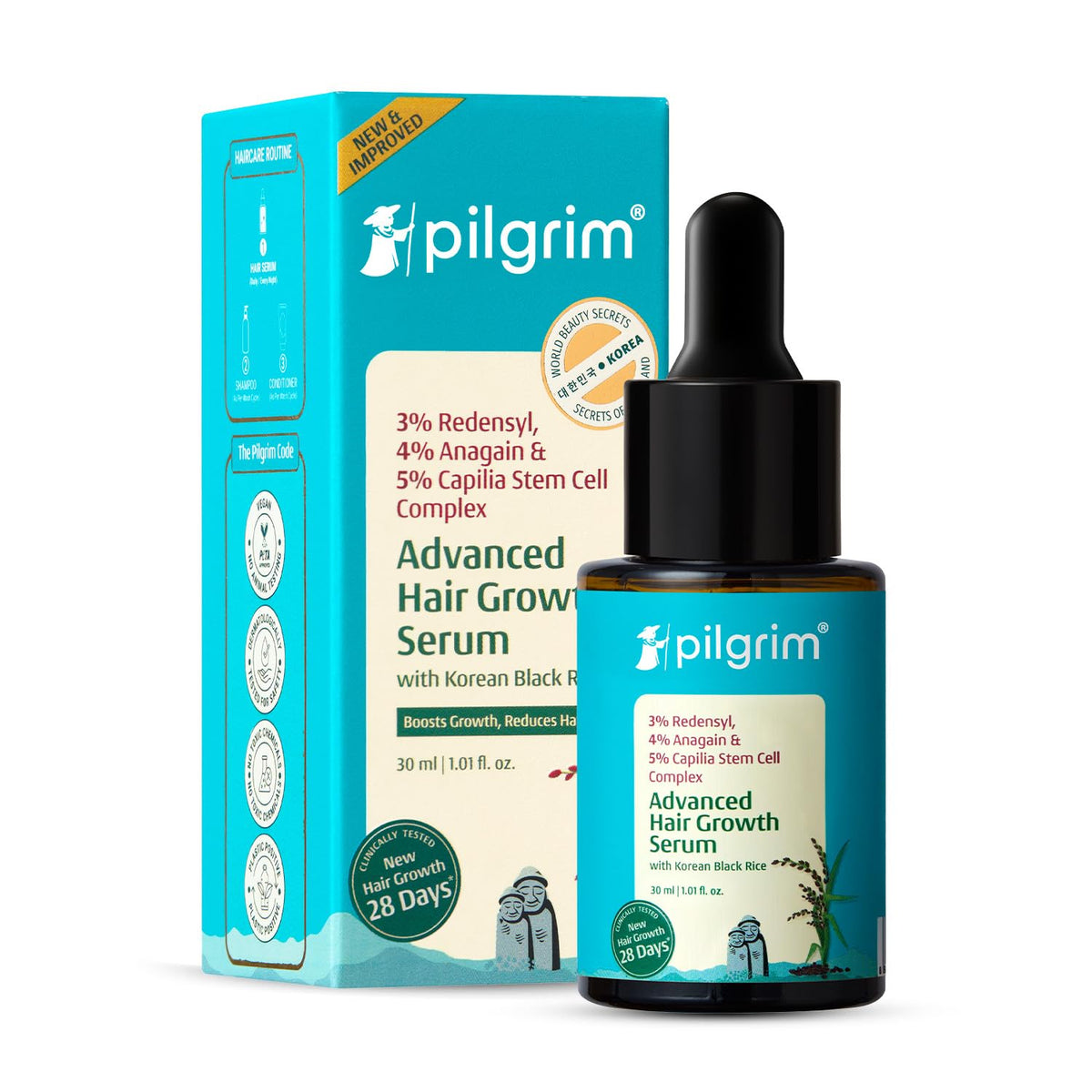 Pilgrim Sérum con Redensyl para crecimiento capilar y densidad desde la raíz.