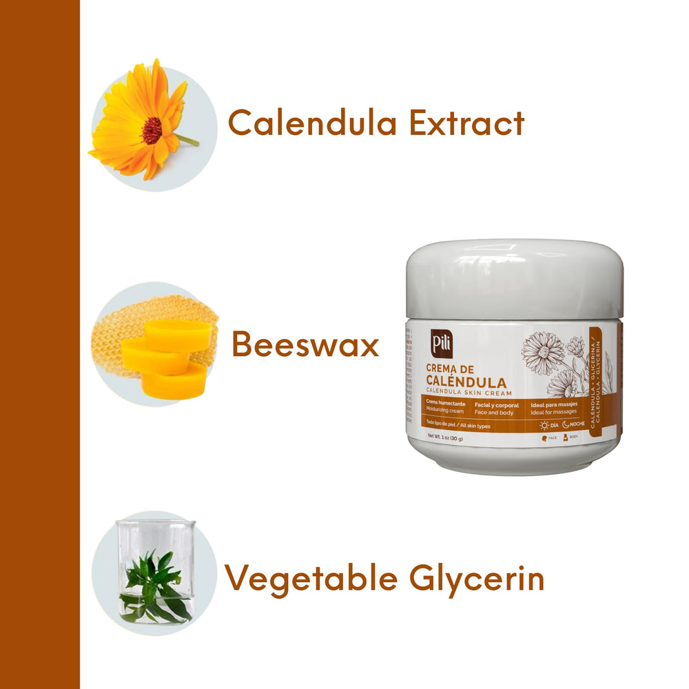 Pili Natural Calendula Crema, absorción rápida y formula no grasa para uso diario.
