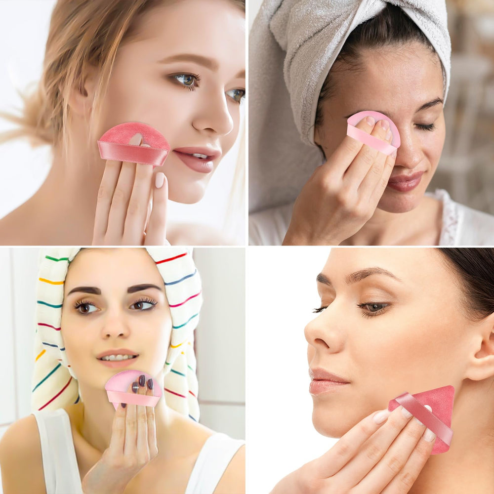 Pimoys accesorio de maquillaje rosa en forma triangular, ayuda en zonas difíciles.
