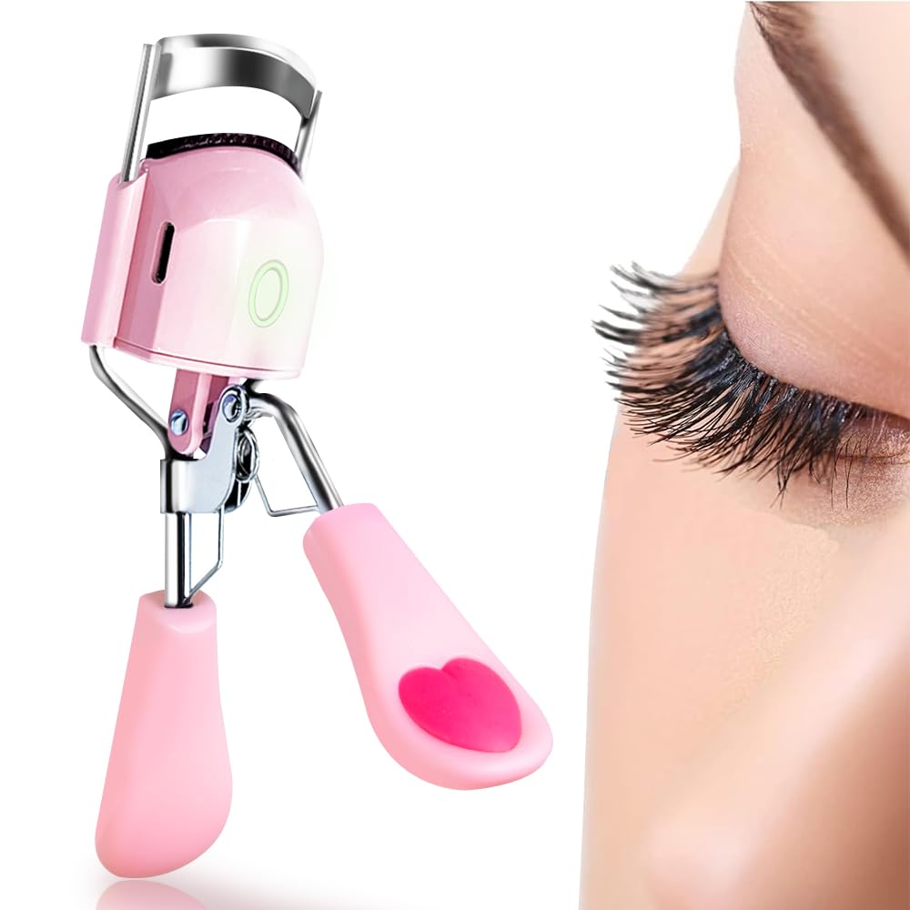 Pinkiou curvador de pestañas con calor en mano, fácil de usar.