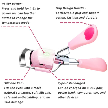 Pinkiou curvador de pestañas, diseño ergonómico y compacto.