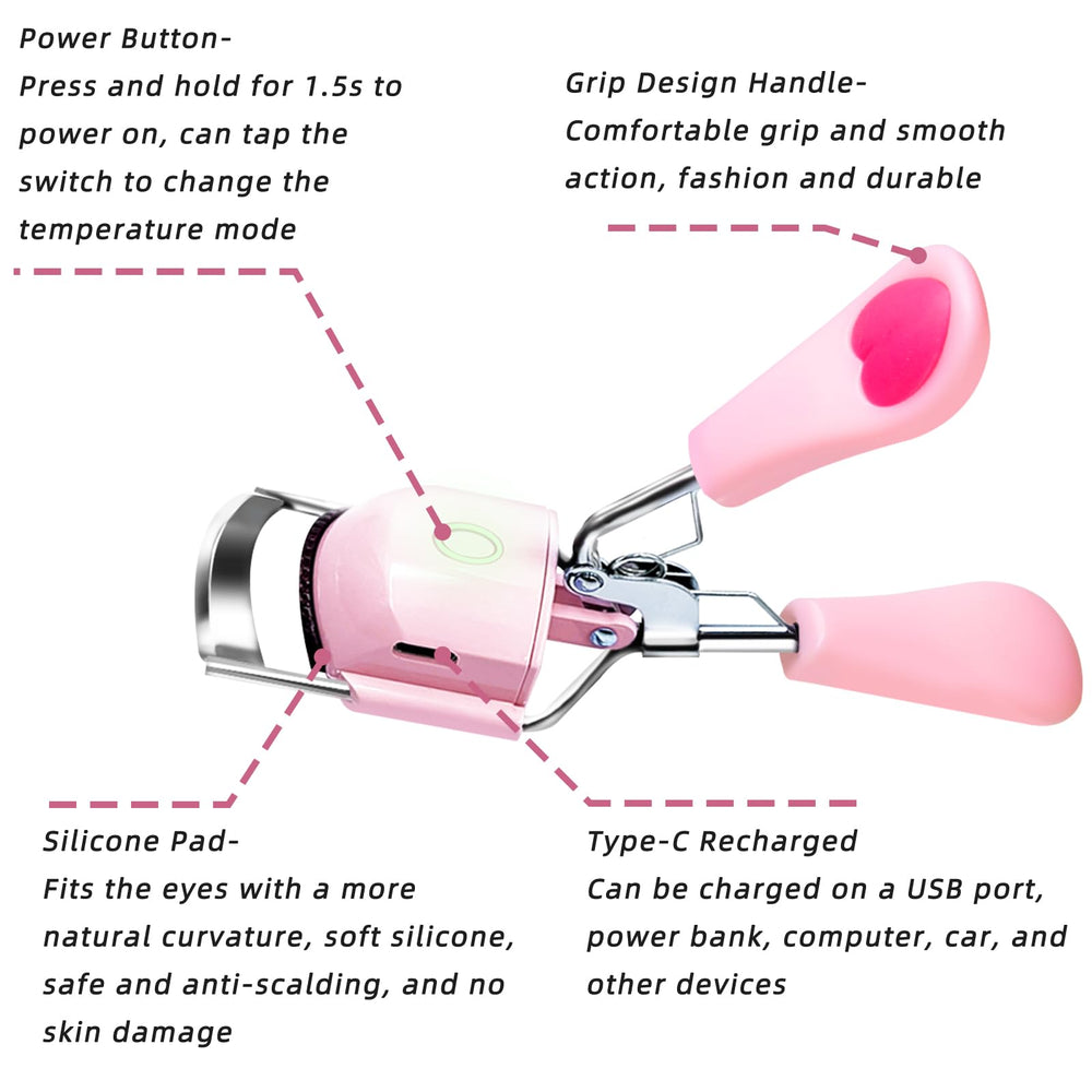 Pinkiou curvador de pestañas, diseño ergonómico y compacto.