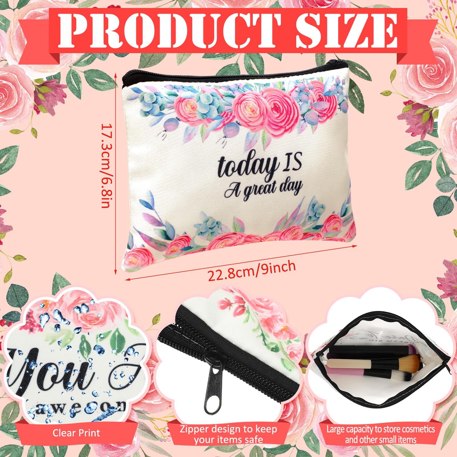 Cartera de cosméticos Pinkunn con flor en lienzo para uso diario.