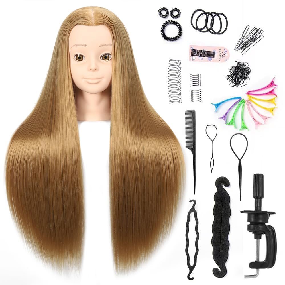 Pinzer cabeza mannequin con cabello sintético recto negro natural, ideal para practicar peinados.