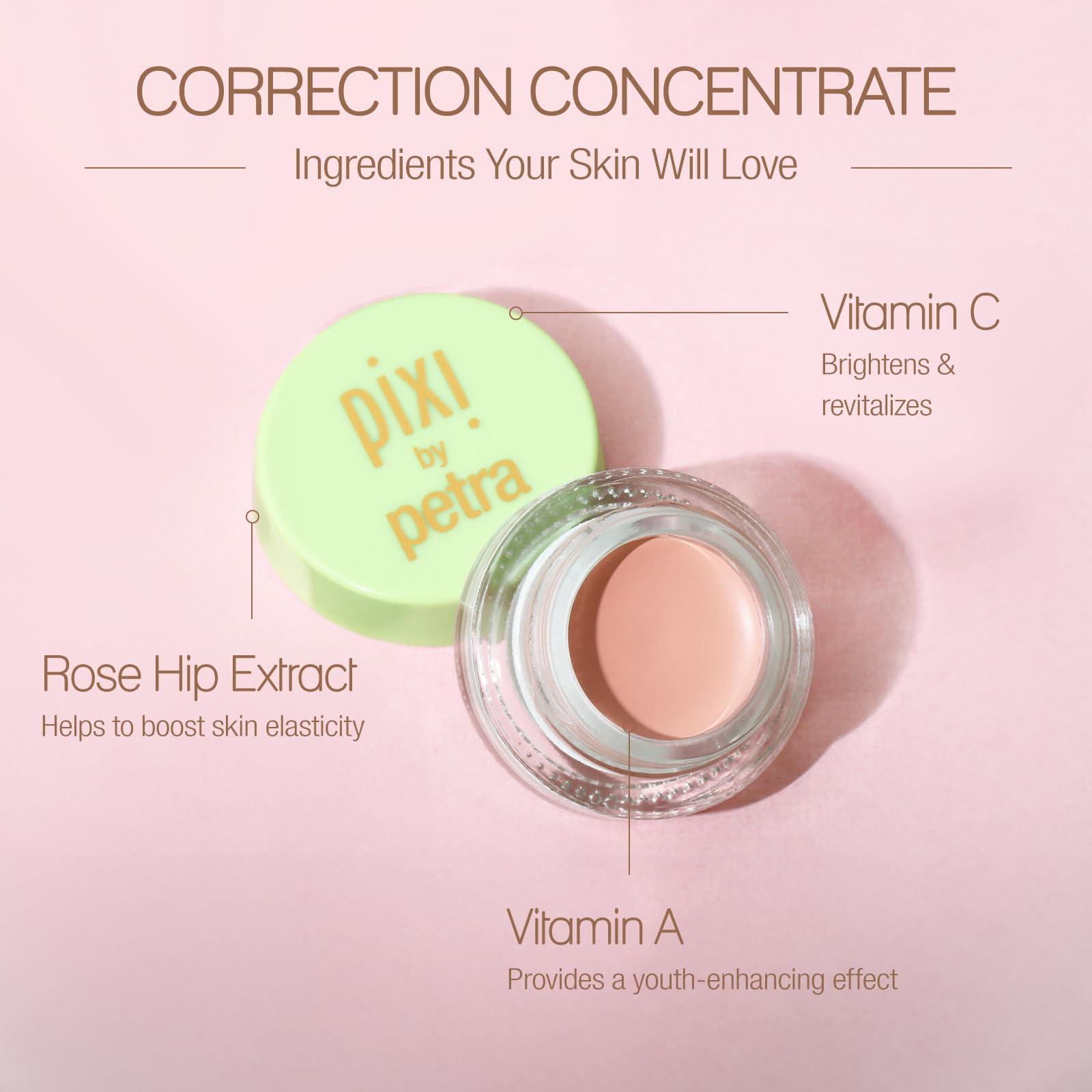 Pixi Beauty Correction Concentrate with rosehip supports skin elasticity and a healthy glow.