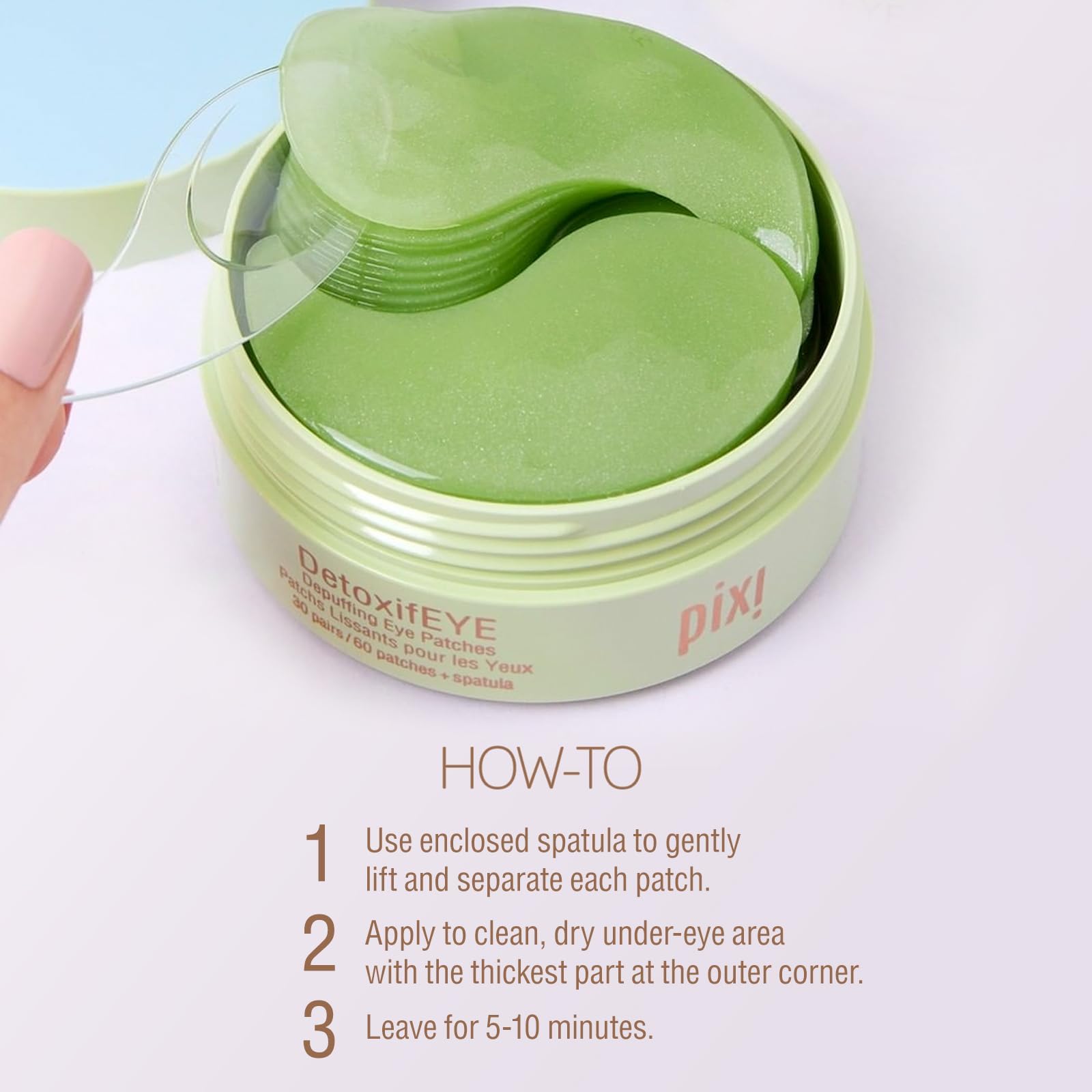 Envase de 60 parches Pixi DetoxifEYE para contorno de ojos.