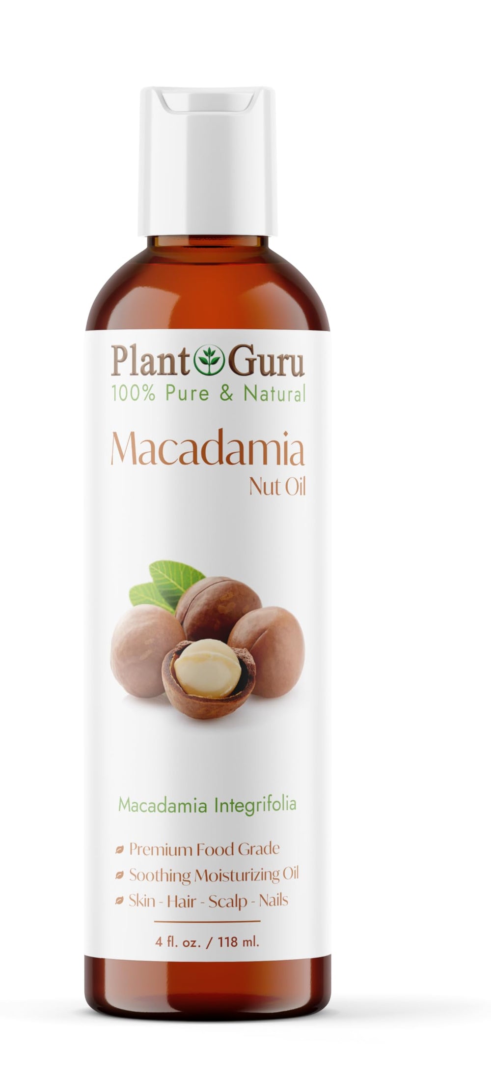 Aceite Plant Guru Macadamia en botella de vidrio, hidrata suave la piel.