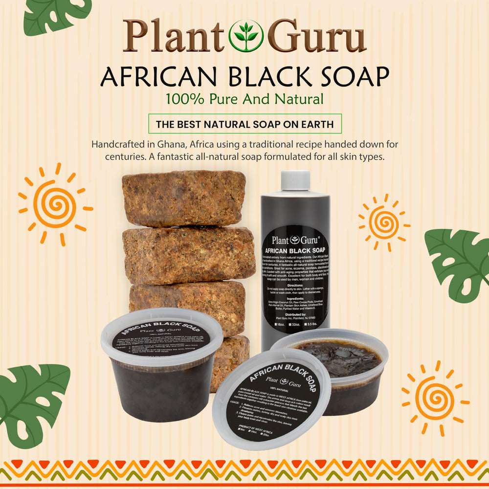 Plant Guru Jabon Negro Africano, ingredientes naturales en primer plano para cuidado diario.