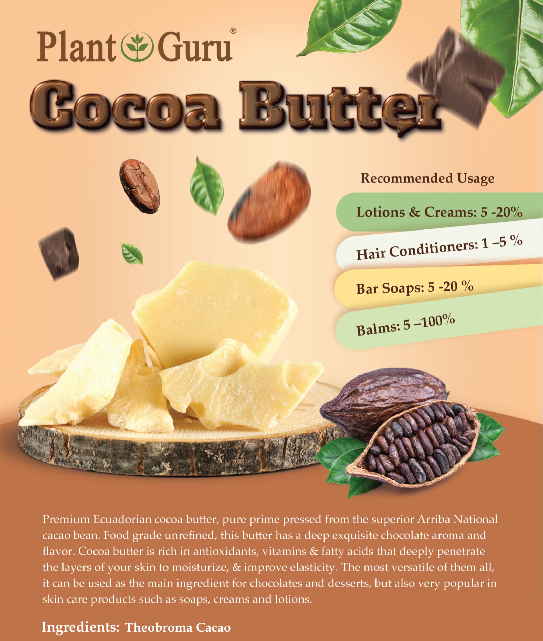 Origen único de Ecuador: Plant Guru manteca cacao Arriba Nacional para recetas y rituales.