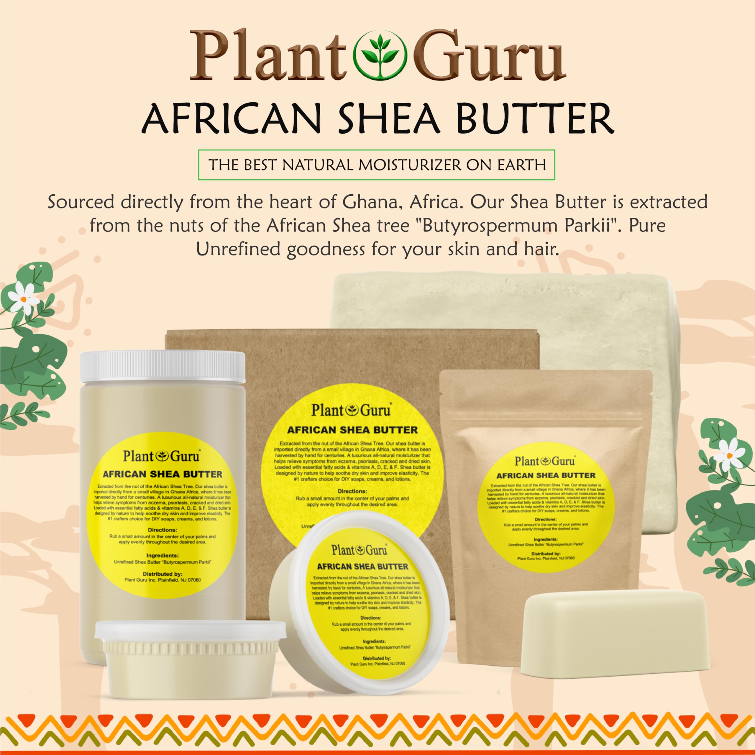 Plant Guru Textura cremosa de karité para aplicación suave en la piel.