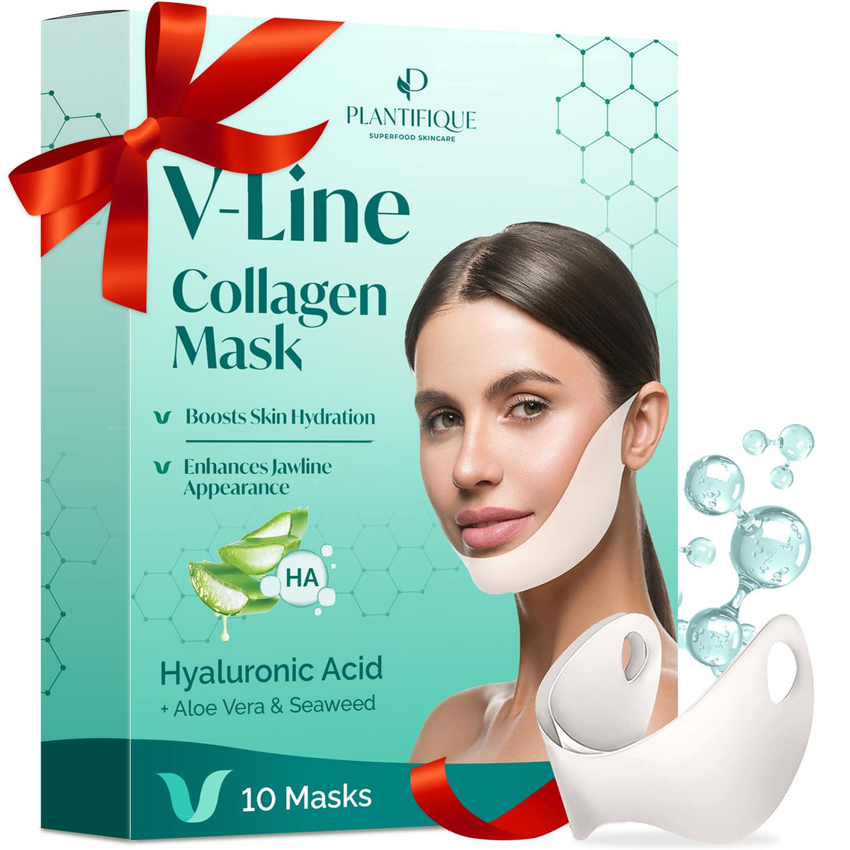 Plantifique mascarilla V-Line con colágeno en envase, listo para uso diario.