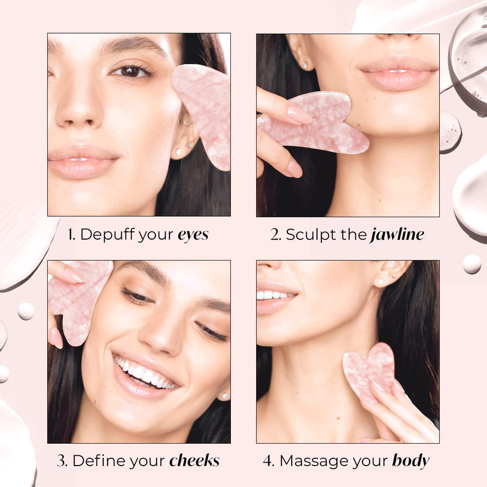 PLANTIFIQUE Rose Quartz Gua Sha para cuello y barbilla, ayuda a definir líneas.