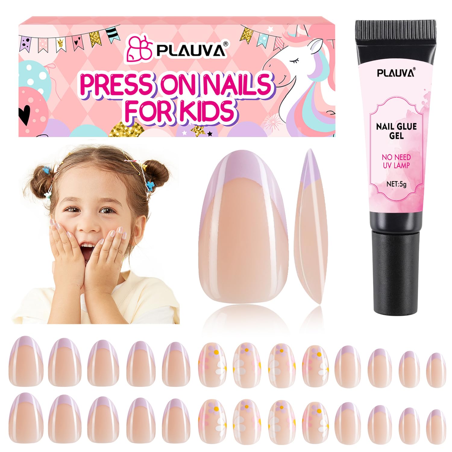 Plauva uñas postizas para niñas, frances morado con Daisy, ideal para looks festivos.
