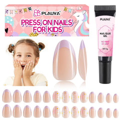 Plauva uñas postizas para niñas, frances morado con Daisy, ideal para looks festivos.