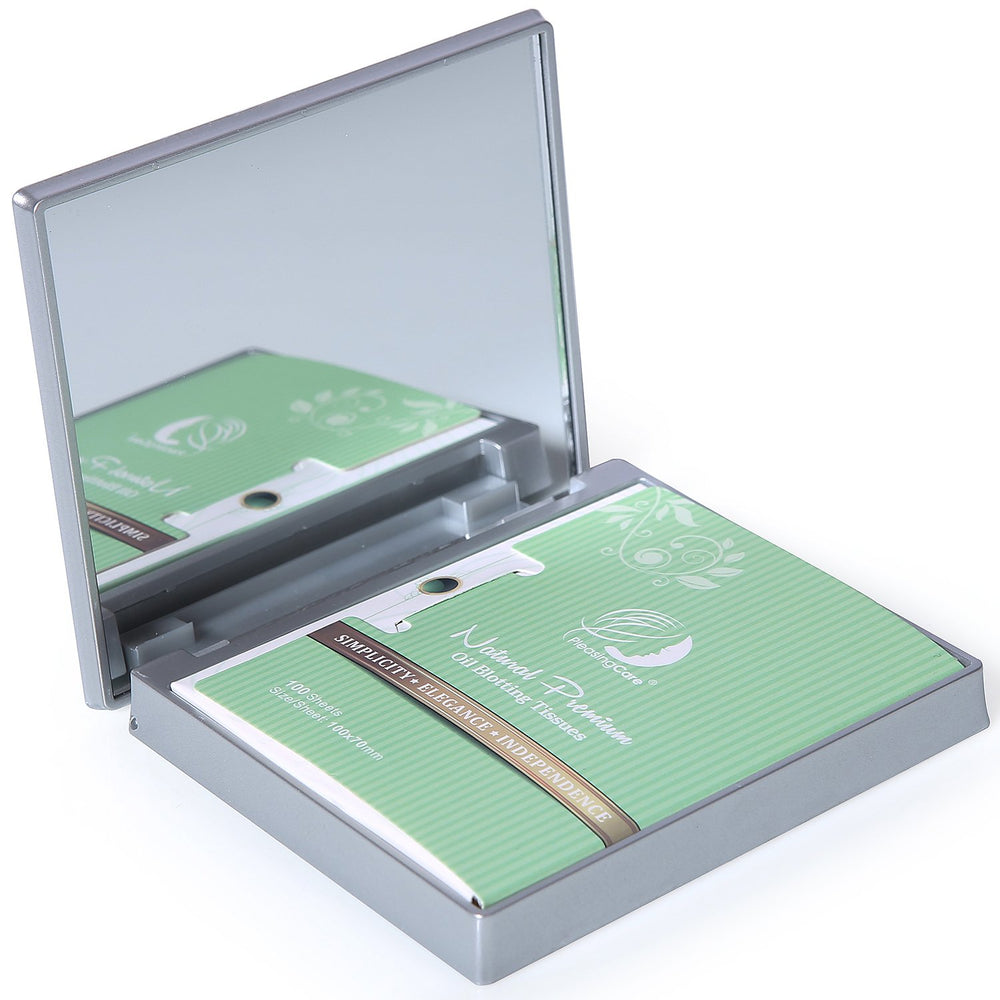 PleasingCare: espejo de maquillaje plegable plateado para retoques en cualquier lugar.
