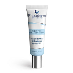 Plexaderm Suero Colágeno Noche: botella para uso nocturno que promueve firmeza.