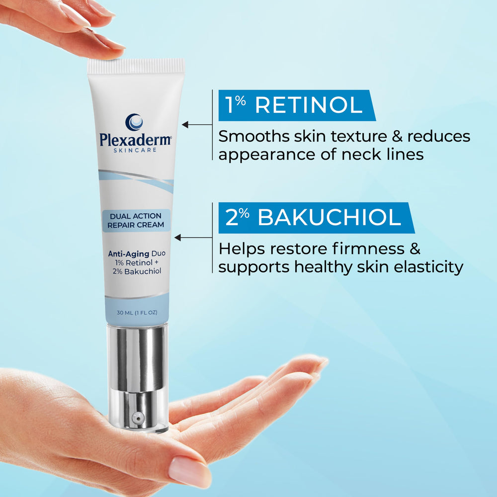 Plexaderm Dual Action Repair: crema cuello 1% retinol, uso nocturno recomendado.